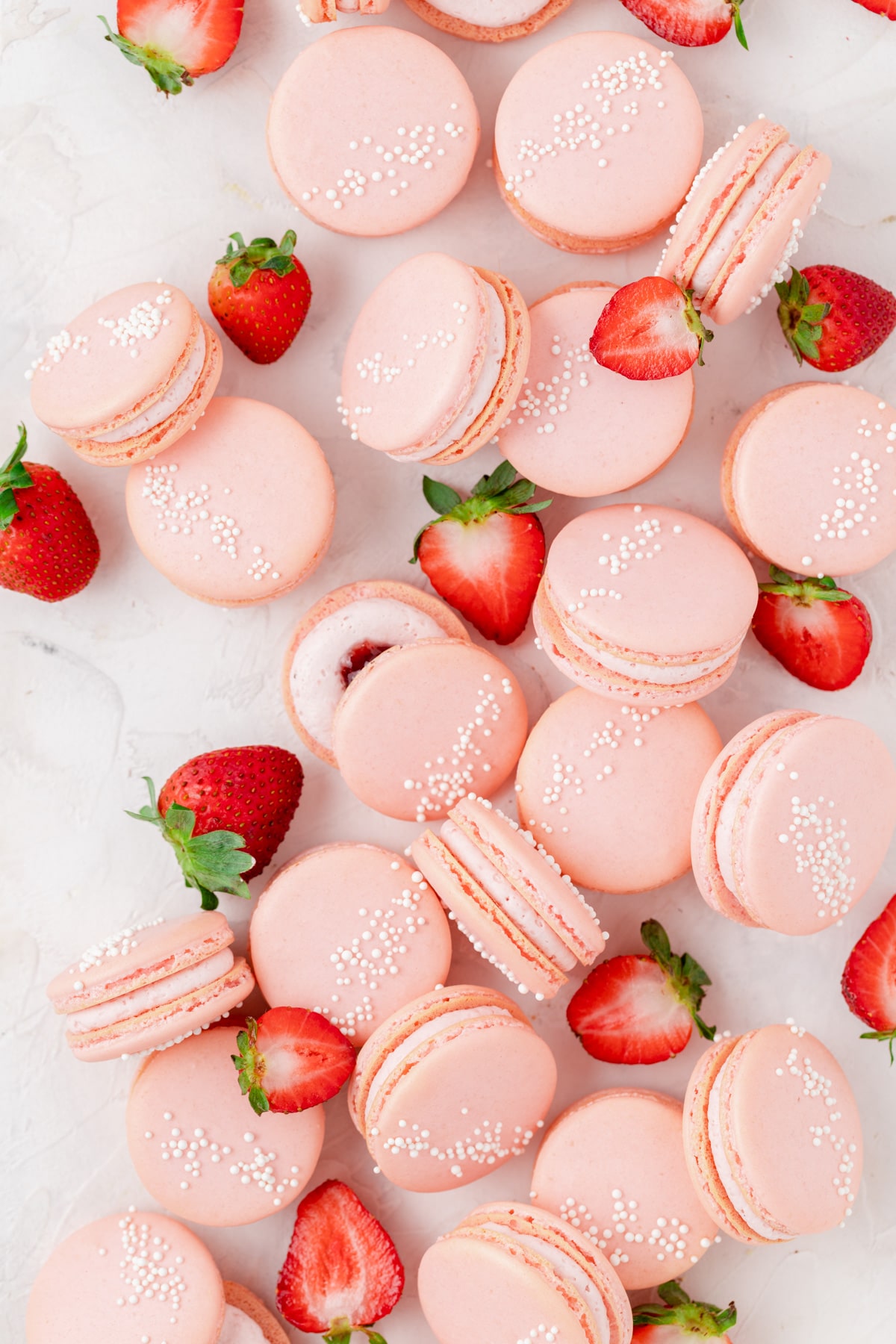 strawberry french macarons with fresh strawberries