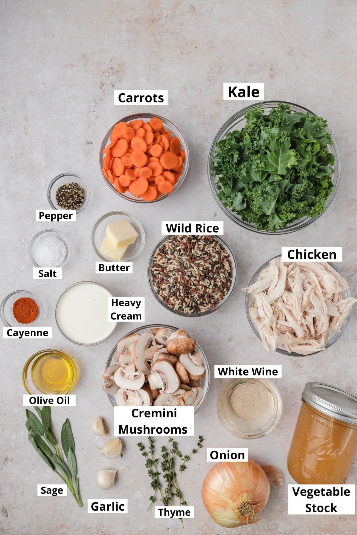 labeled shot of chicken wild rice soup ingredients