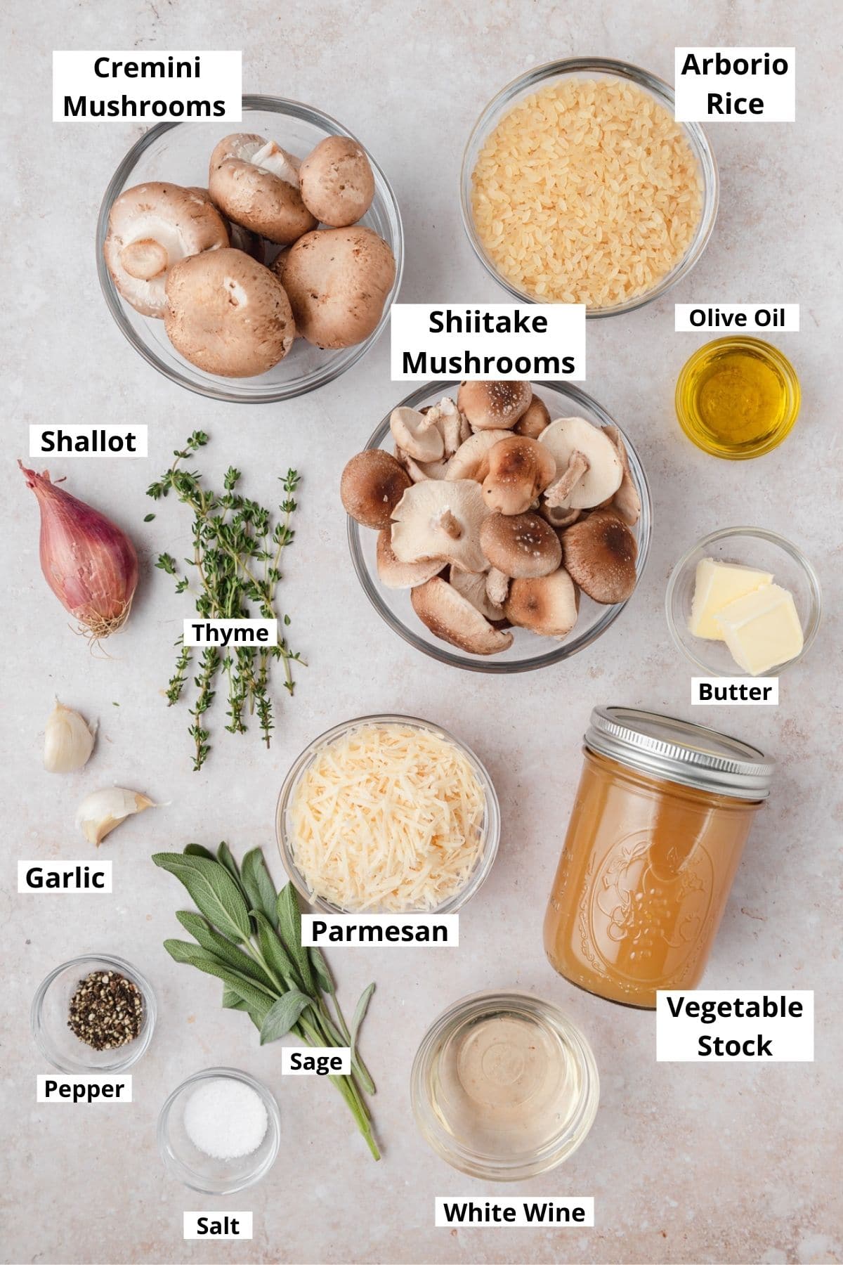 labeled shot of mushroom risotto ingredients 