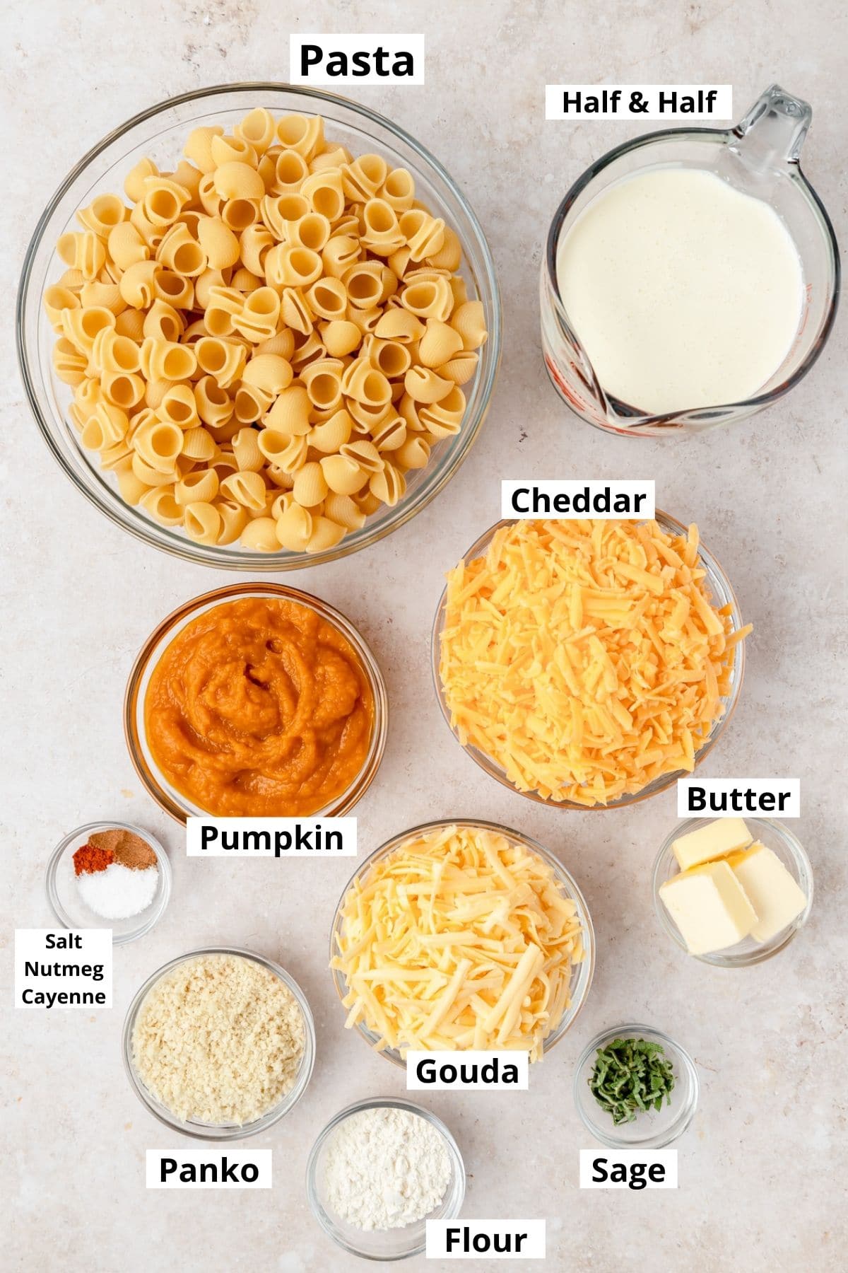 labeled ingredients for pumpkin mac and cheese