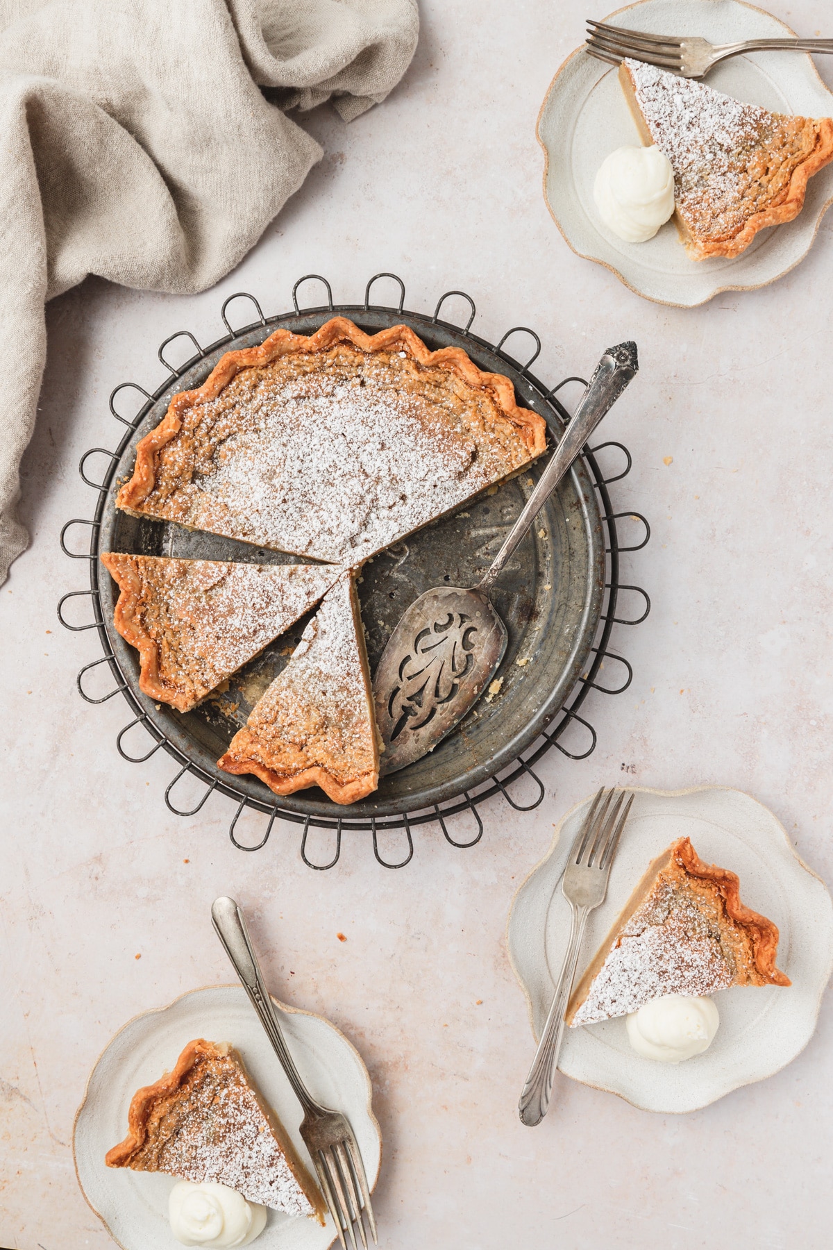 brown butter bourbon chess pie cut into slices