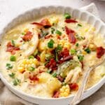 close up shot of chicken corn chowder with bacon