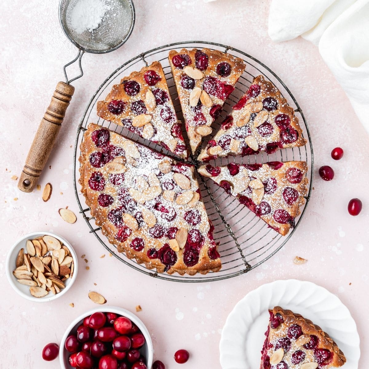 close up shot of cranberry almond frangipane tart