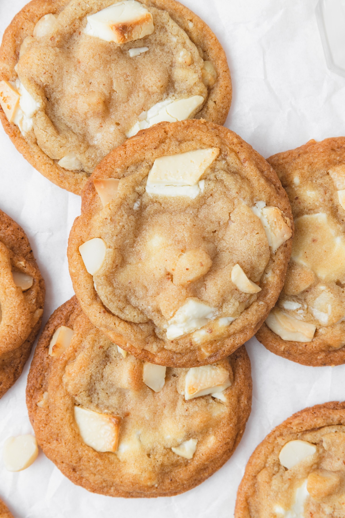 close up shot of brown butter macadamia cookies