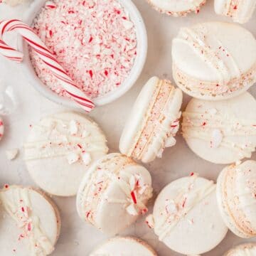 close up shot of peppermint white chocolate macarons