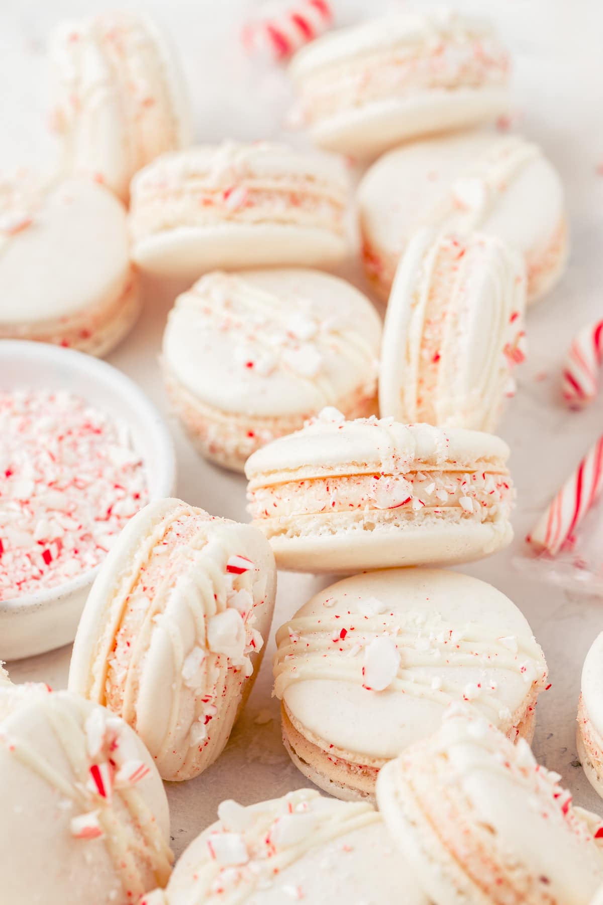 peppermint macarons rolled in crushed candy canes