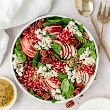 close up shot of spinach pomegranate salad