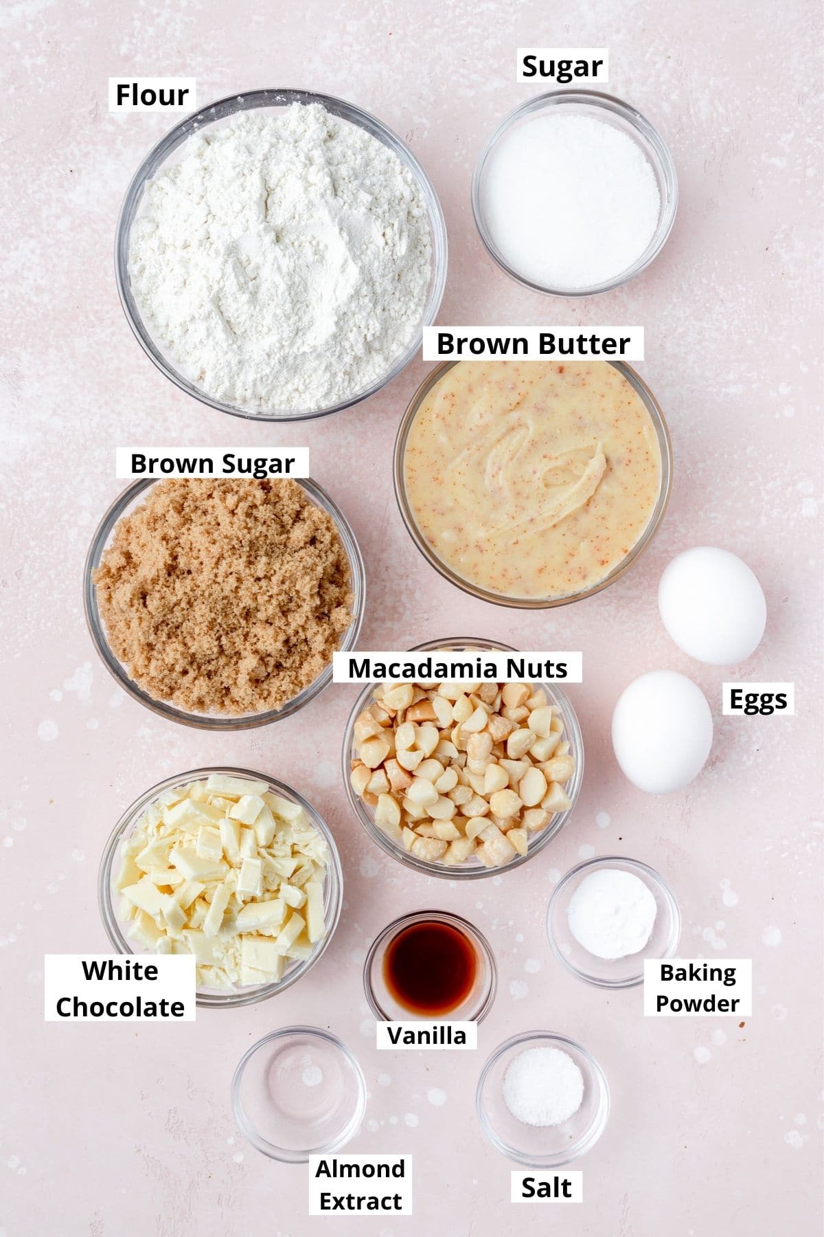 ingredients for white chocolate macadamia nut cookies