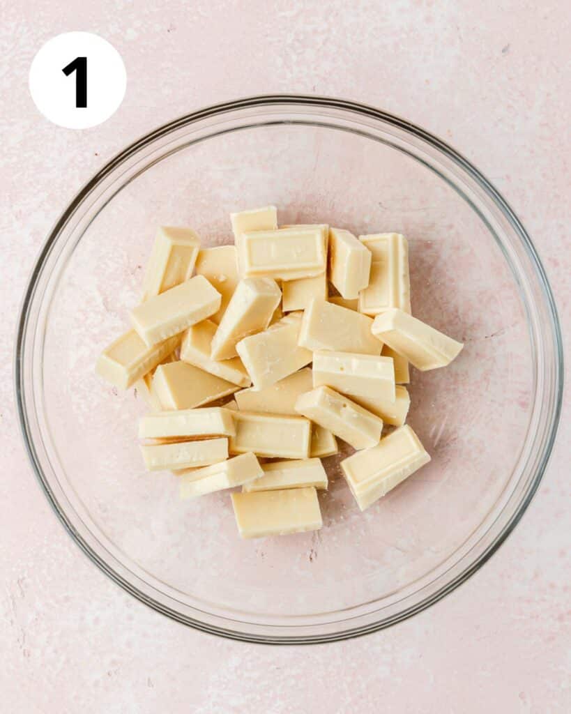 chopped white chocolate in bowl.