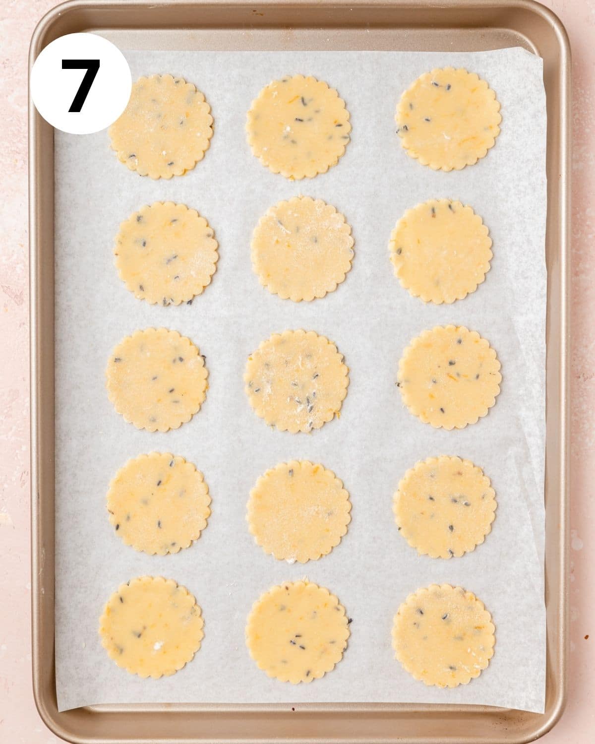 lemon lavender cookies cut out on baking sheet