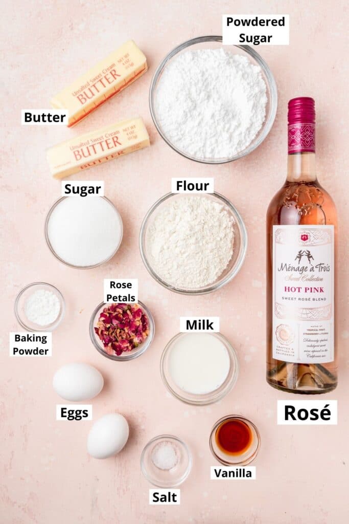 labeled shot of ingredients for rosé cupcakes