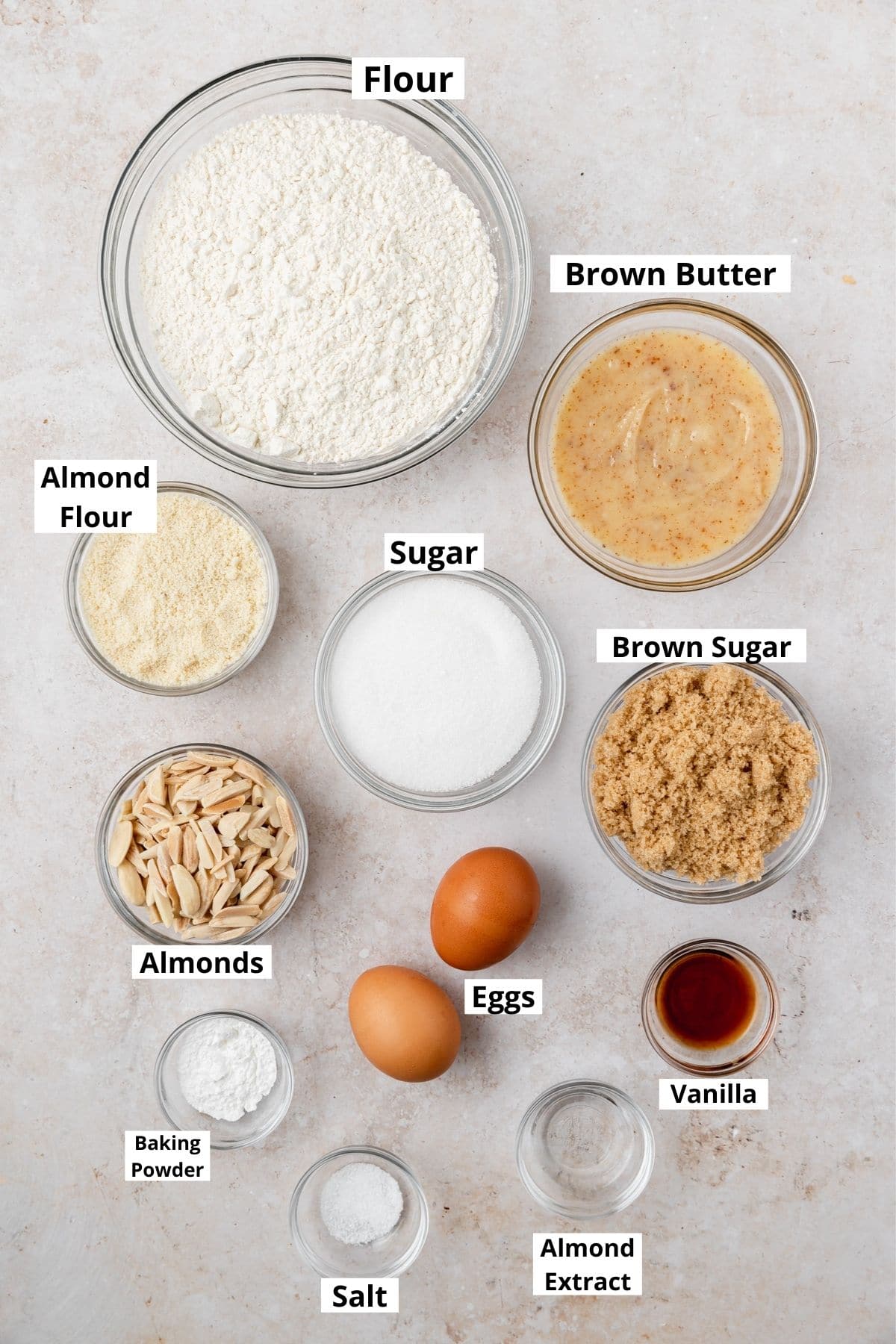 labeled shot of brown butter almond biscotti ingredients 
