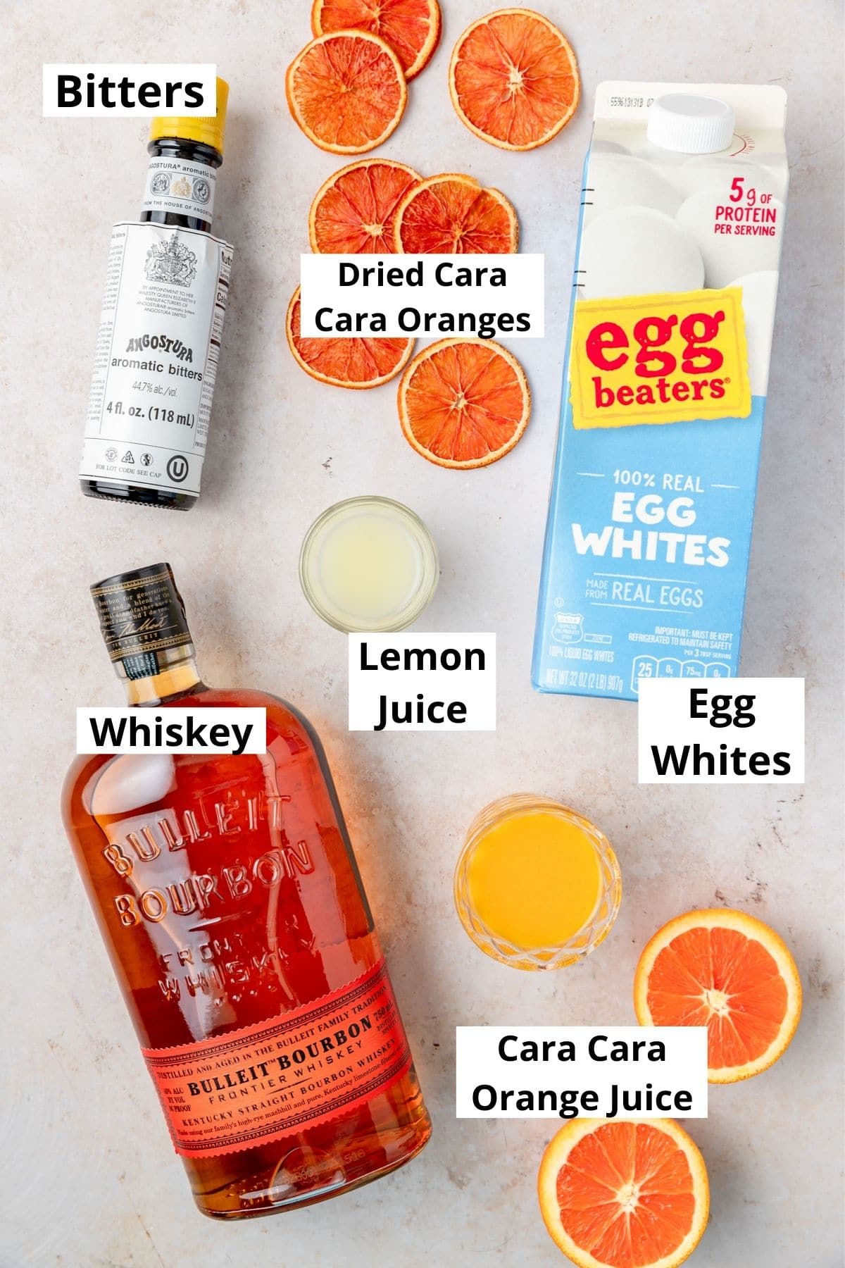 labeled ingredients for cara cara orange whiskey sour