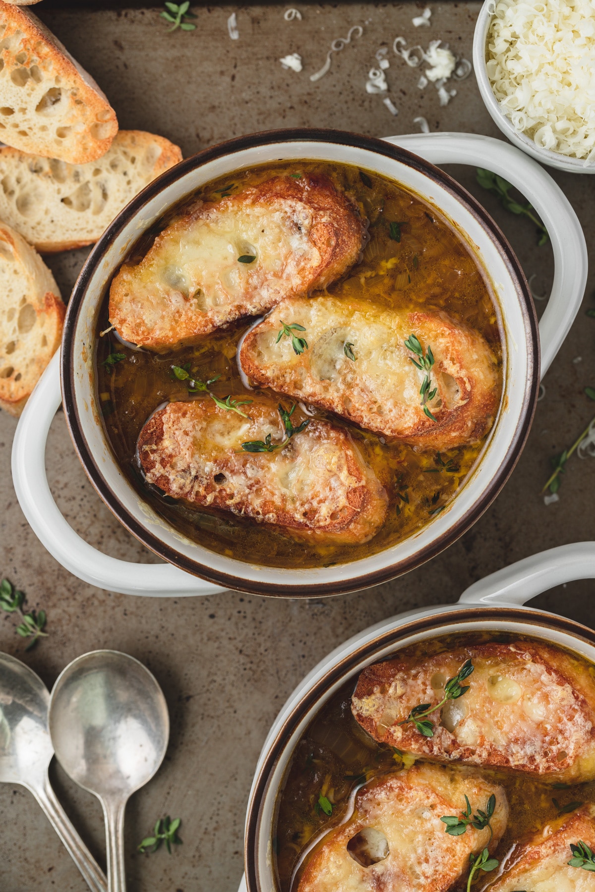 classic french onion soup in individual bowls