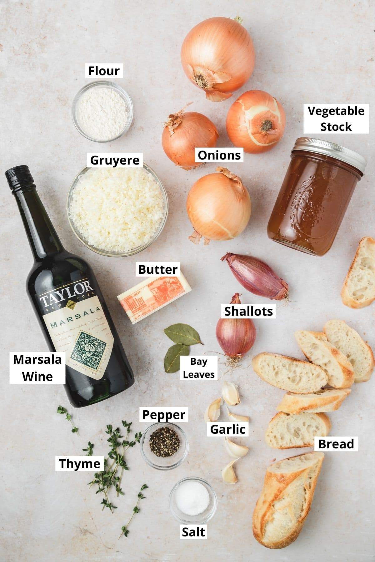 labeled shot of french onion soup ingredients 