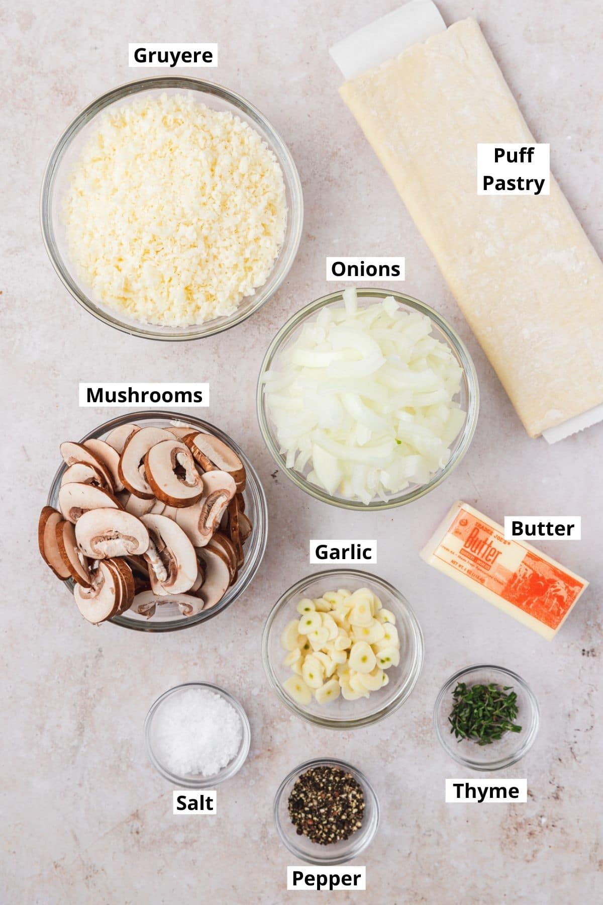 labeled ingredients for caramelized mushroom tarts