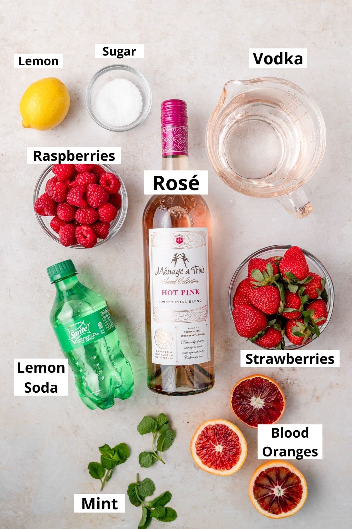 labeled ingredients for pink rose sangria