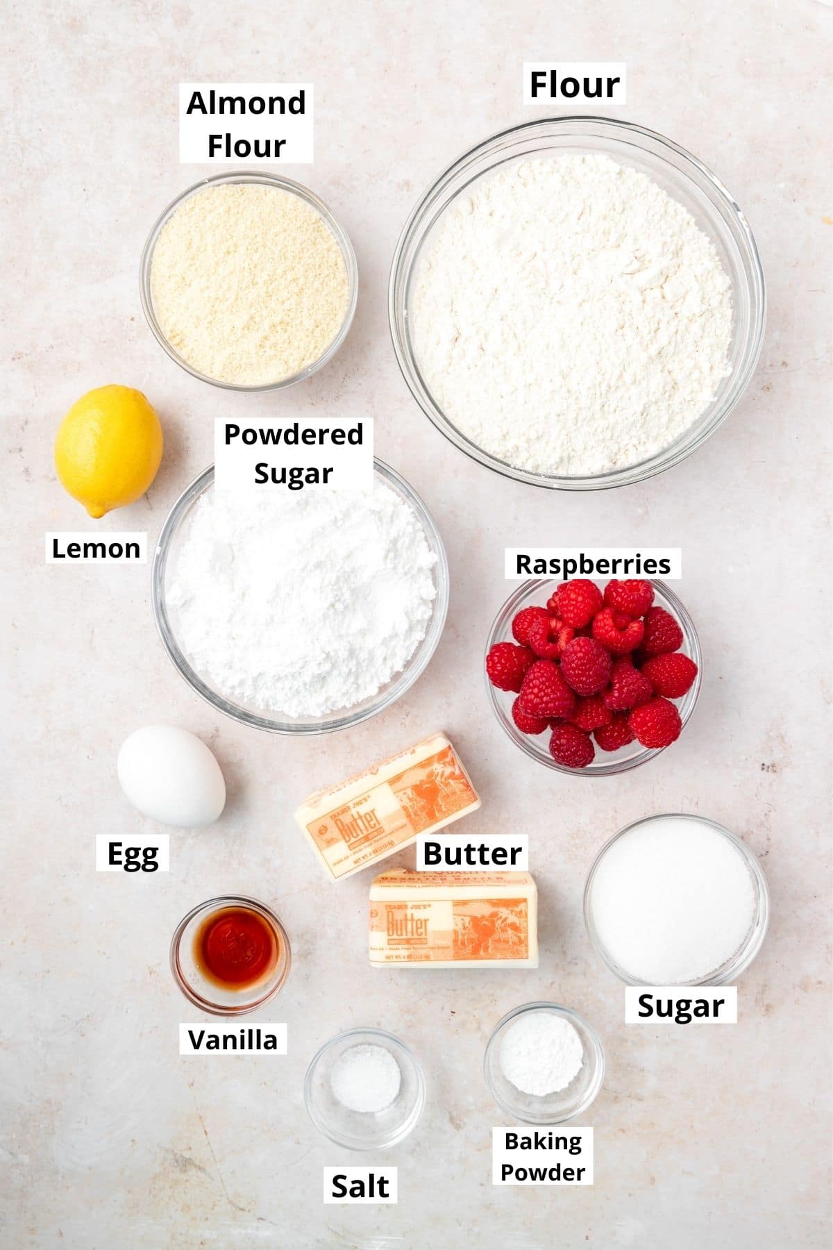 labeled shot of raspberry linzer cookie ingredients  