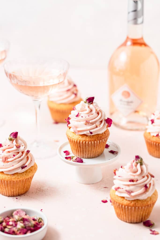 pink rosé cupcakes with dried rose petals.