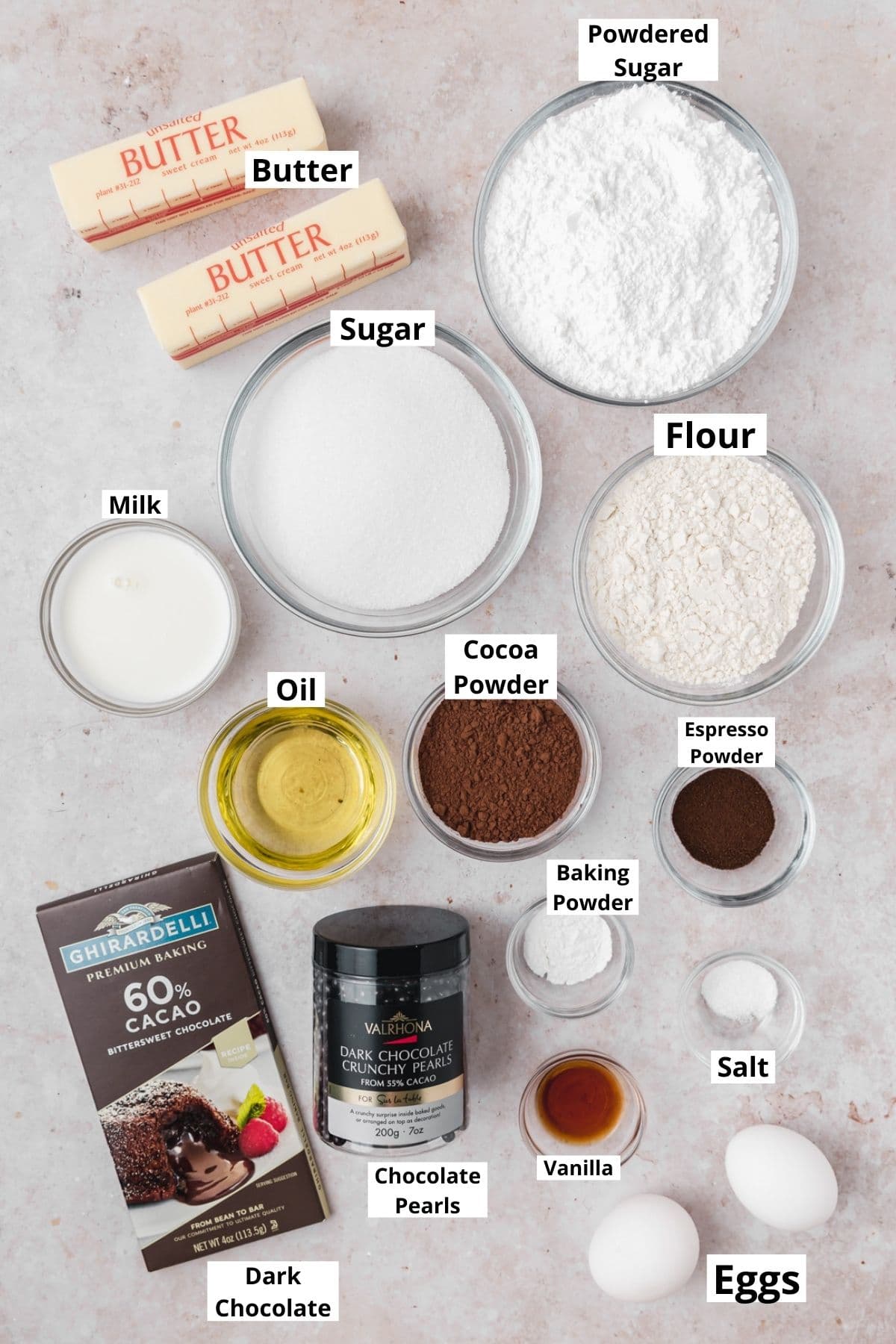 labeled shot of ingredients for chocolate fudge cupcakes.