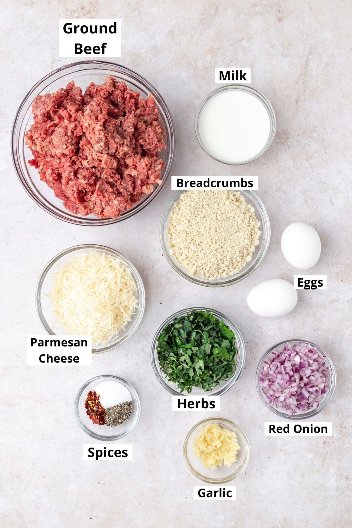 labeled shot of ingredients for italian meatballs.