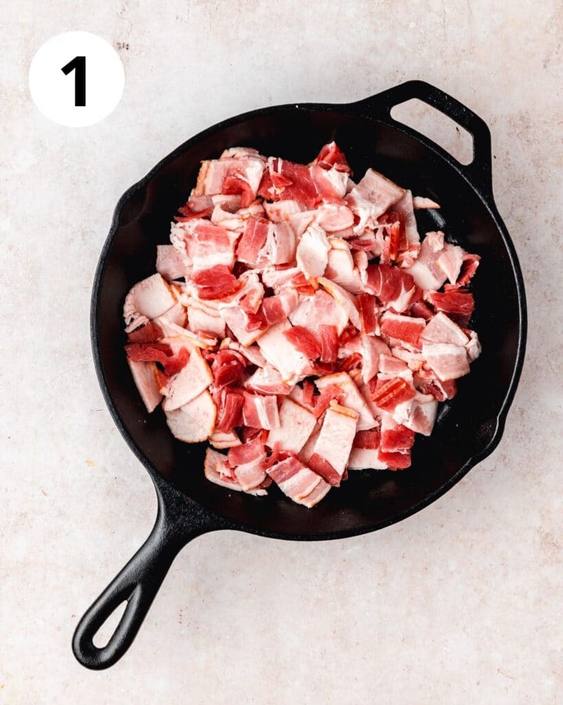 cut up bacon in cast iron skillet.
