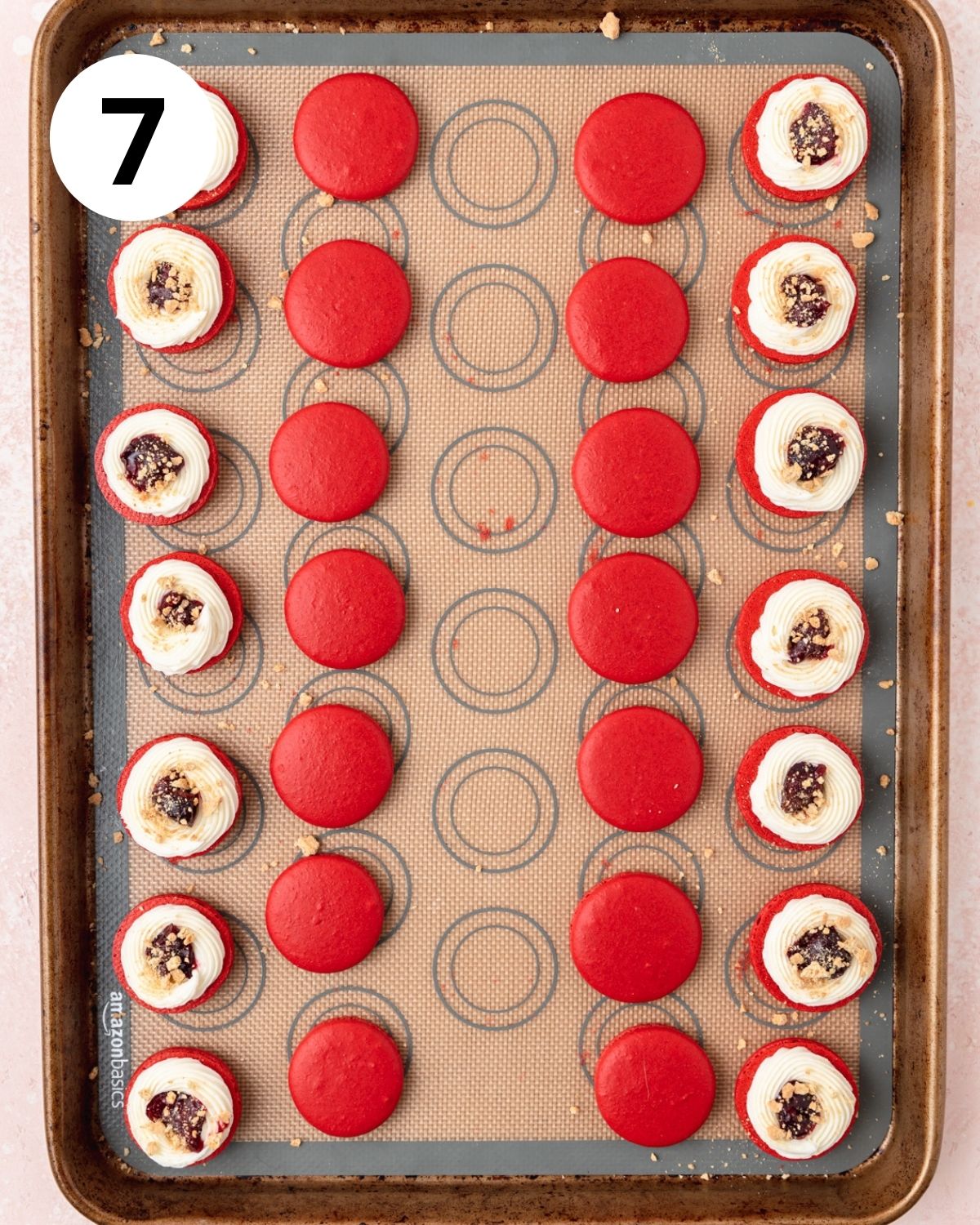 cherry macarons with cream cheese frosting and graham crackers.