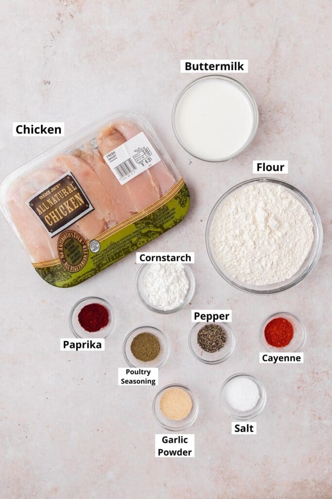 labeled shot of ingredients for buttermilk chicken tenders.