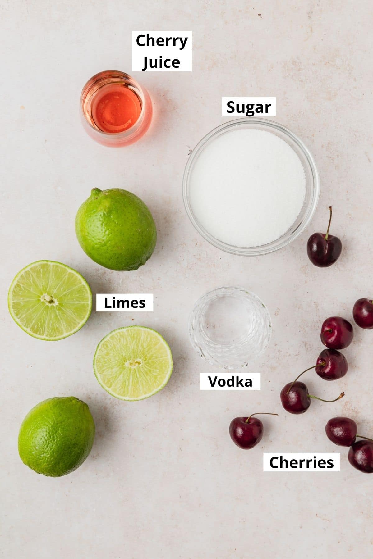 ingredients for cherry limeade with vodka.