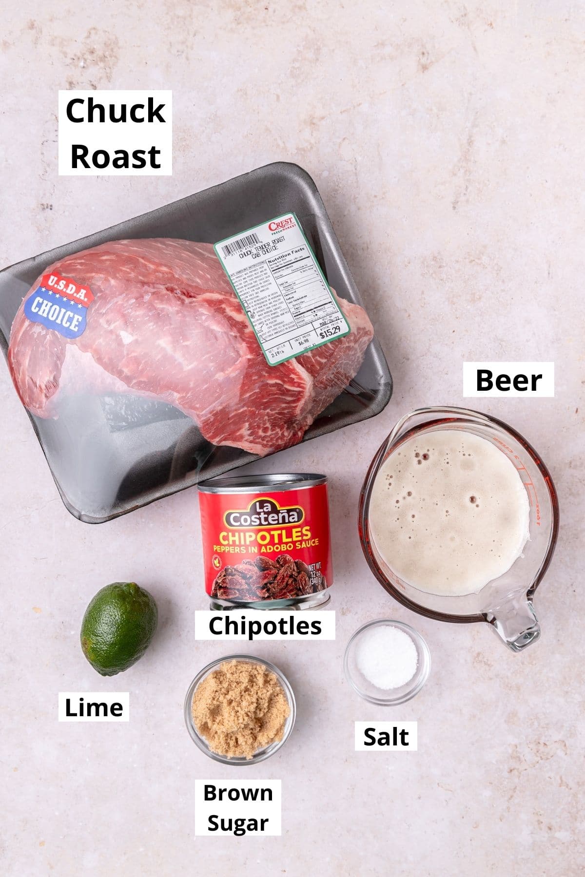 labeled shot of ingredients for chipotle beer beef tacos.