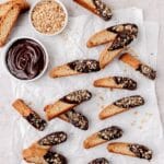 close up of chocolate dipped hazelnut biscotti.