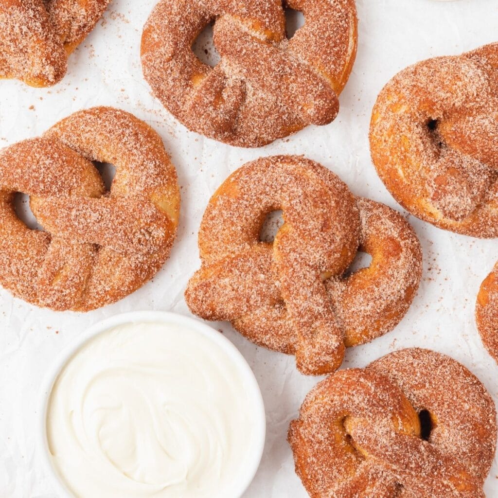 Cinnamon Sugar Soft Pretzels with Cream Cheese Frosting Dip Recipe