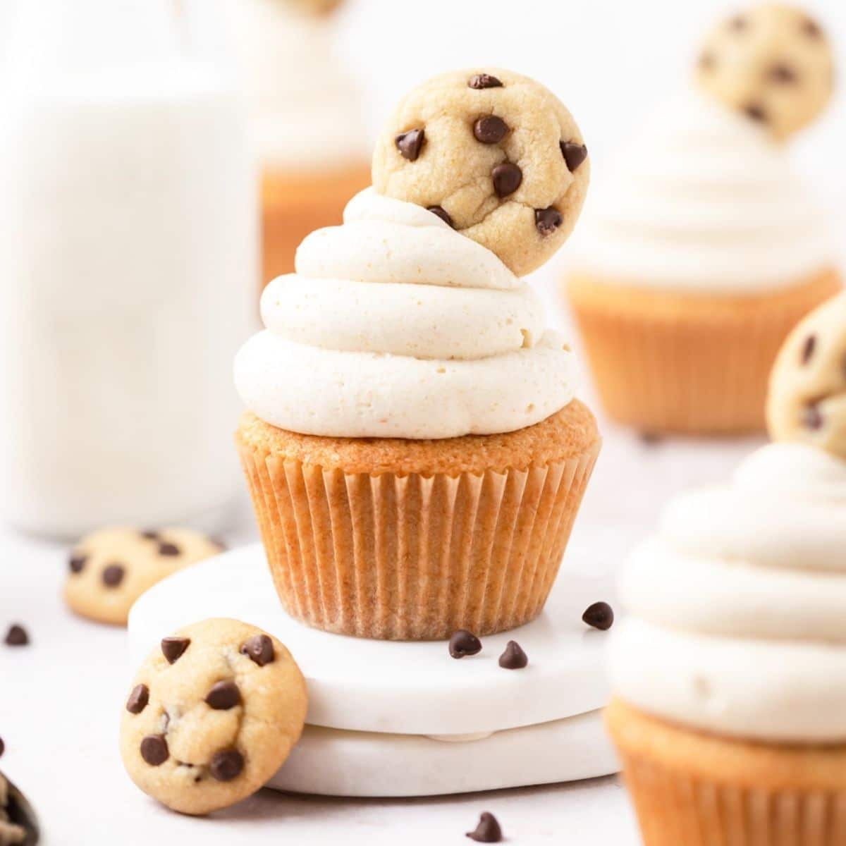 close up shot of brown butter cookie dough cupcakes with edible cookie dough.