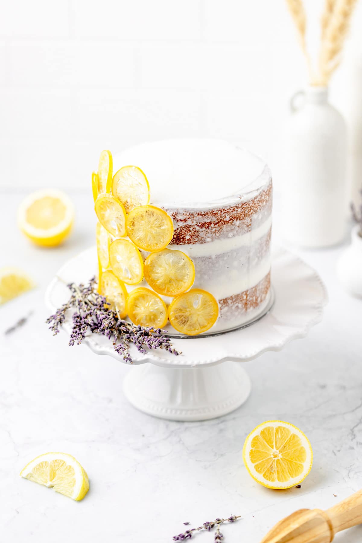 lemon lavender layer cake with lemon curd and lavender buttercream.