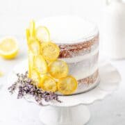 close up shot of lemon lavender layer cake.