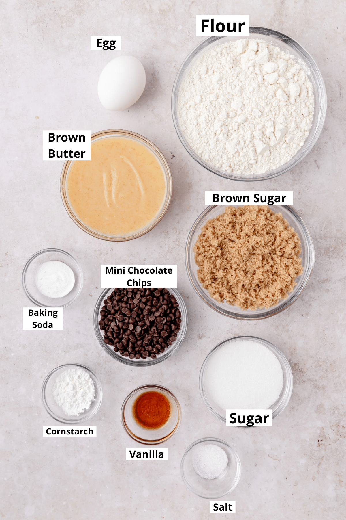 labeled shot of ingredients for mini chocolate chip cookies.