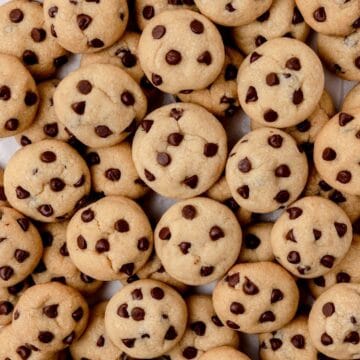 close up shot of mini chocolate chip cookies.