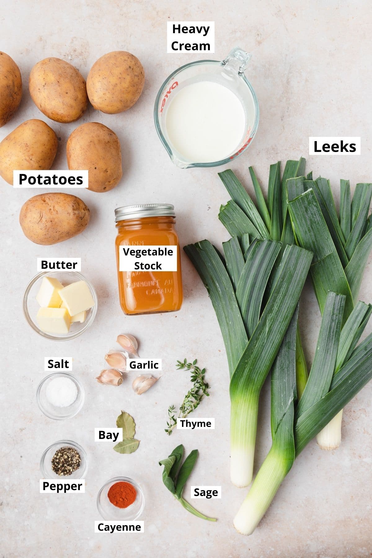 labeled shot of ingredients for potato leek soup.