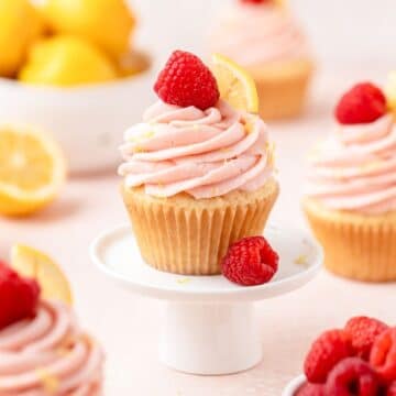 close up shot of raspberry lemon cupcakes with mascarpone frosting.