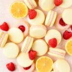 close up shot of raspberry lemon macarons.