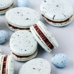 close up of blue robins egg macarons.