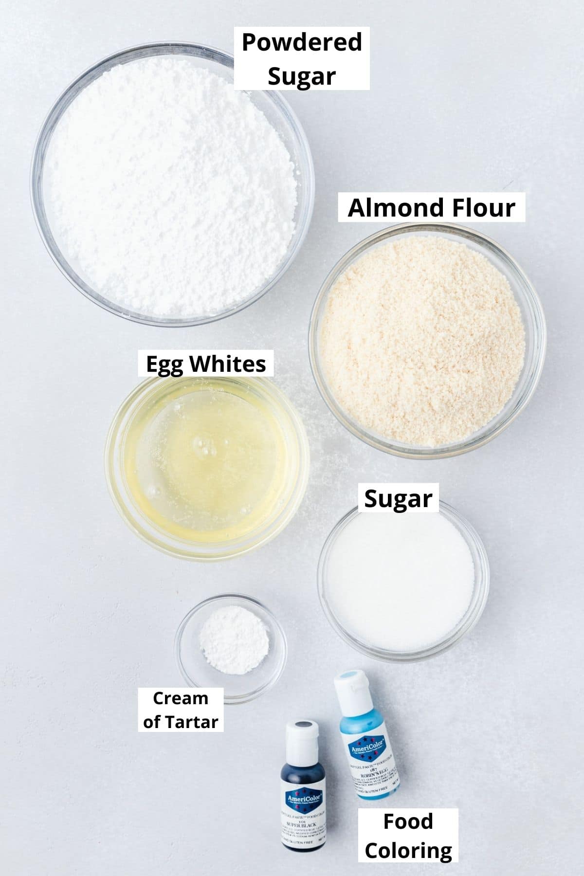 labeled shot of ingredients for robins egg macarons.