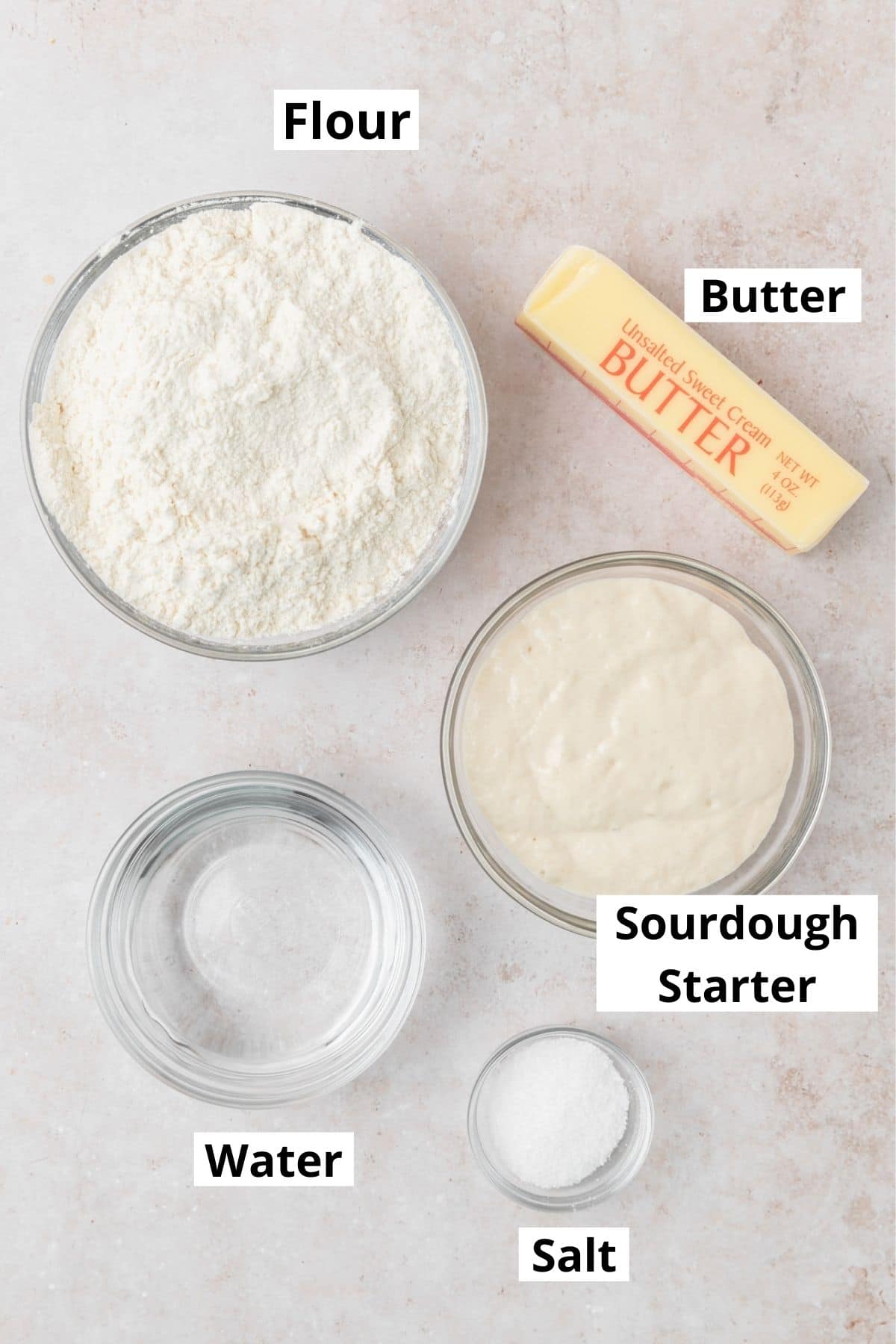 labeled shot of ingredients for sourdough tortillas.
