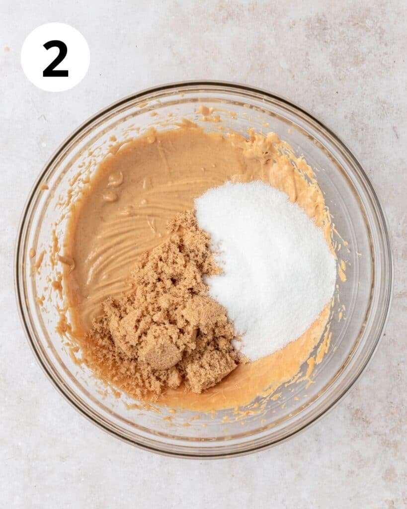 brown butter, peanut butter, and sugars in bowl.