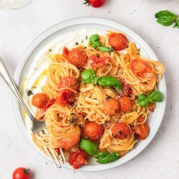 close up of pasta with burst cherry tomato sauce.