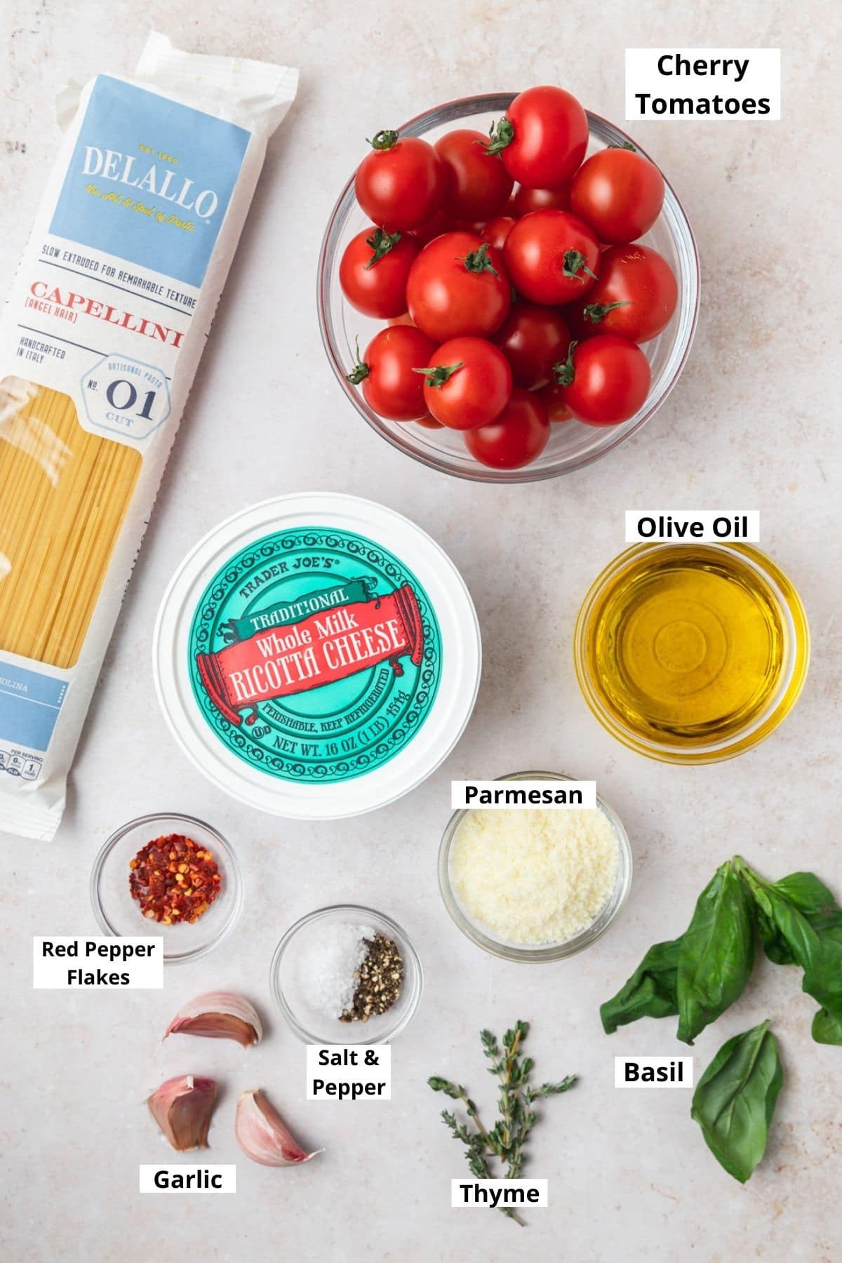 labeled ingredients for burst cherry tomato pasta.
