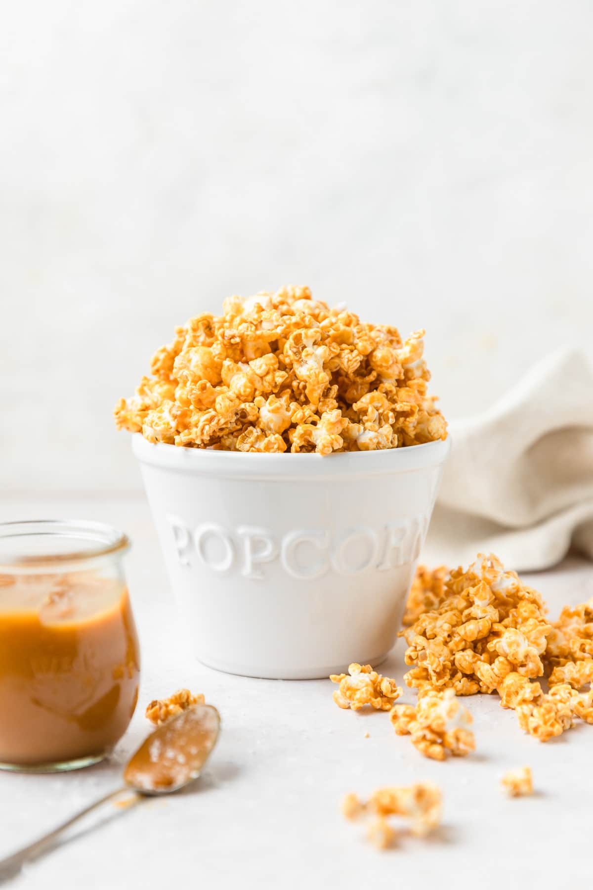 salted caramel popcorn in bucket.