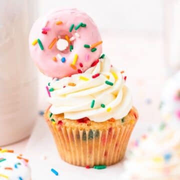 close up shot of funfetti donut cupcakes.