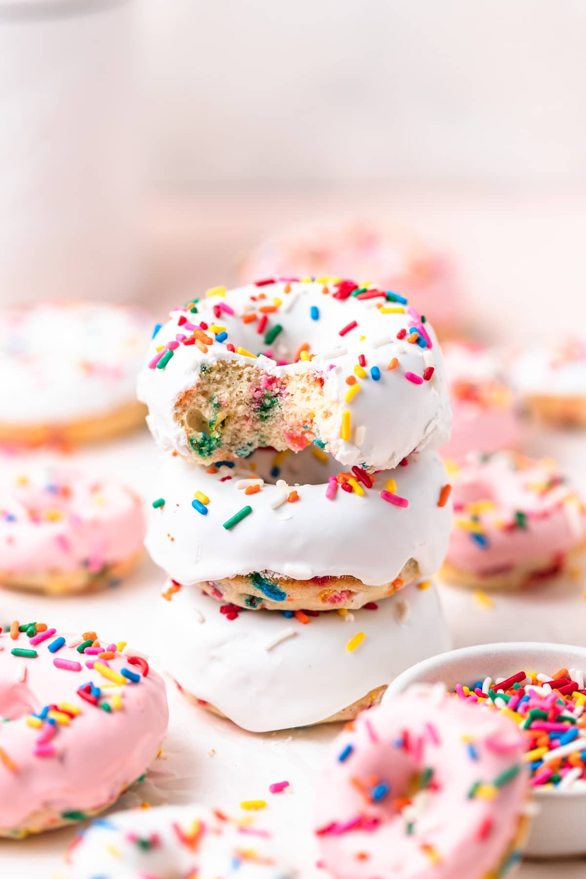 stack of funfetti baked donuts.