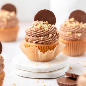 close up shot of peanut butter chocolate cupcakes with reese's on top.